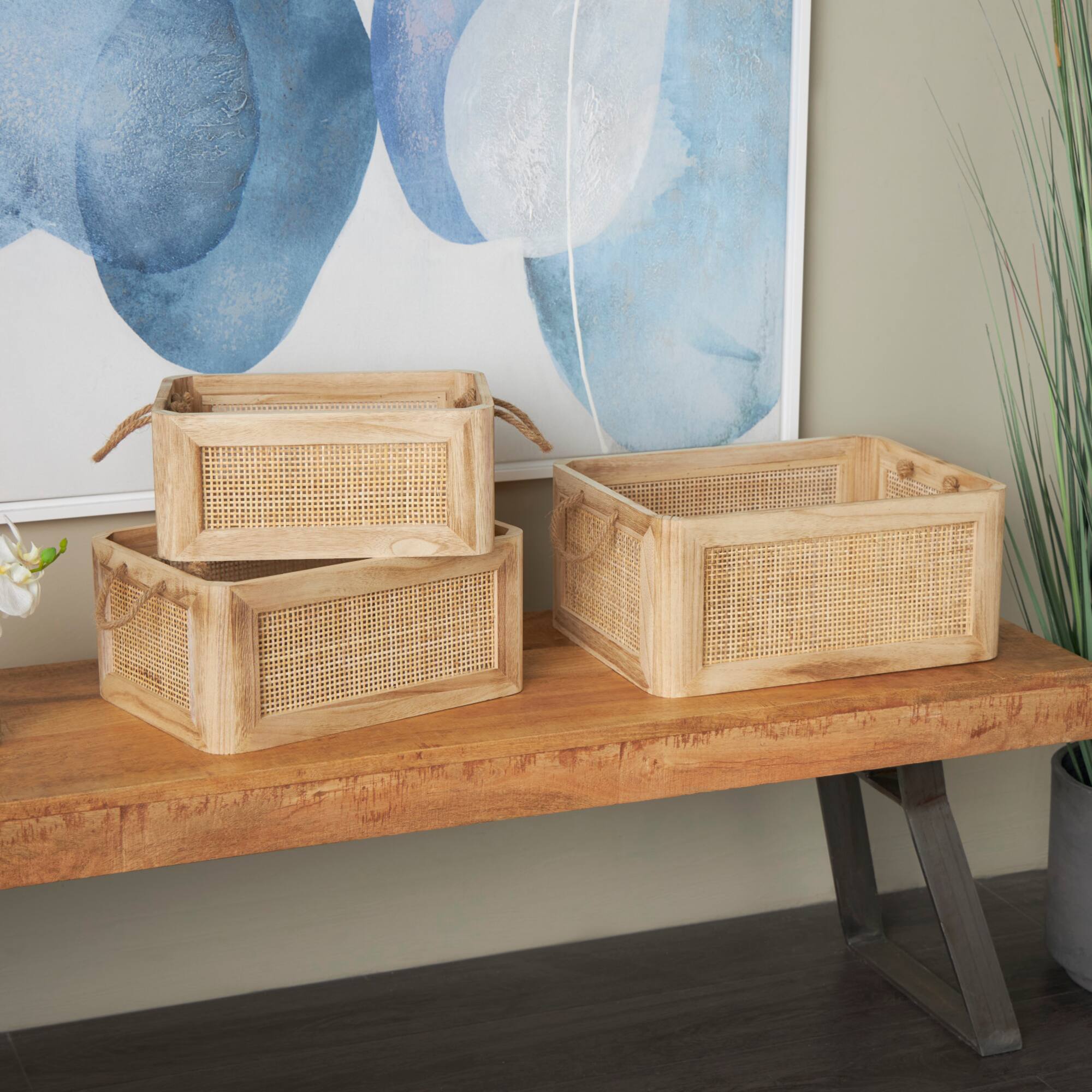 Light Brown Rattan Woven Basket with Rope Handles